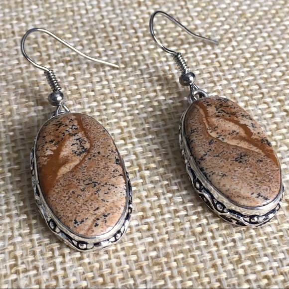 New Honey Dendrite Opal Stone Hook Silver Overlay Earrings - Picture 6 of 6